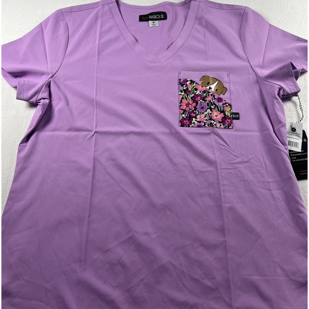 KOI Basics Nixie Placement Scrub Top Bloom Lavender Puppy Pocket Women's M NWT